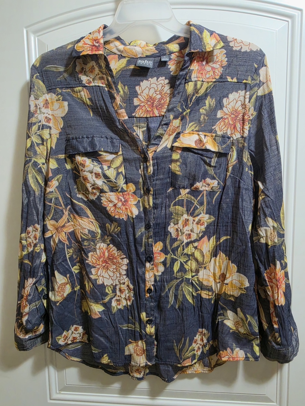 Soho Jeans Floral Button-Up Shirt in Navy with Yellow & Peach Blooms - Picture 4 of 4